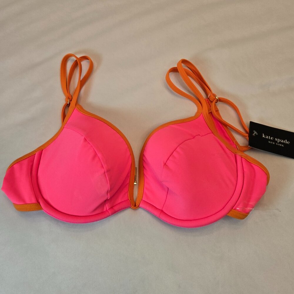 KATE SPADE NY Women's Underwire Contrast Trim Bikini Top Sz: L Radiant Pink